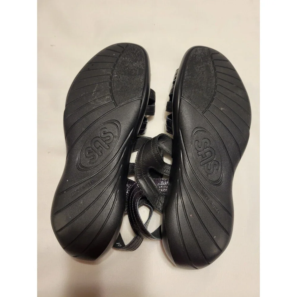 SAS Women's Black Leather Comfort Sandals Strappy Adjustable Hook and  Hoop 10 M